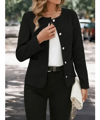 Kadın Uzun Kollu Yuvarlak Yaka önden Düğmeli Kaşe Ceket