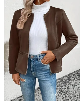 Kadın Uzun Kollu Yuvarlak Yaka önden Fermuarlı Süet Ceket