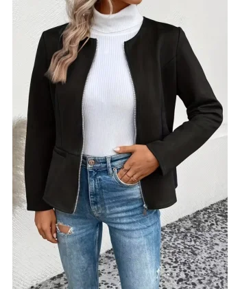 Kadın Uzun Kollu Yuvarlak Yaka önden Fermuarlı Süet Ceket