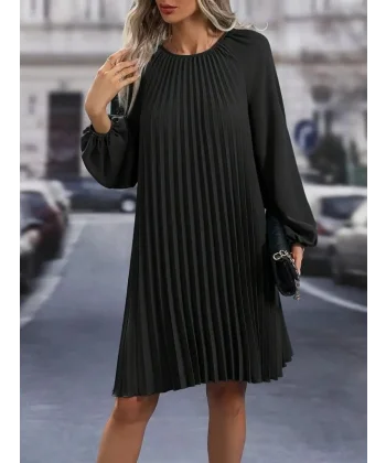 Kadın Uzun Kollu Yuvarlak Yaka Pileli Salaş Mini Ithal Krep Elbise