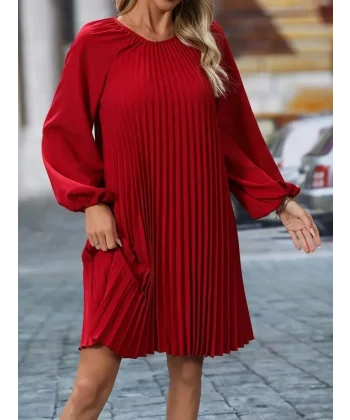 Kadın Uzun Kollu Yuvarlak Yaka Pileli Salaş Mini Ithal Krep Elbise