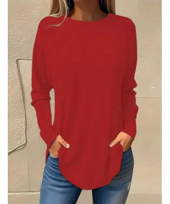 Kadın Uzun Kollu Yuvarlak Yaka Salaş Iki Iplik Bluz