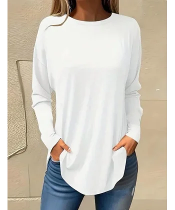 Kadın Uzun Kollu Yuvarlak Yaka Salaş Iki Iplik Bluz