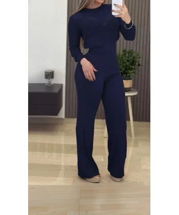 Kadın Uzun Kollu Yuvarlak Yaka Transparan Detaylı Triko Bluz Ve Pantolon Ikili Takım