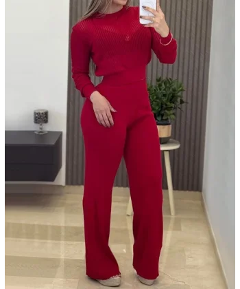 Kadın Uzun Kollu Yuvarlak Yaka Transparan Detaylı Triko Bluz Ve Pantolon Ikili Takım