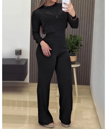 Kadın Uzun Kollu Yuvarlak Yaka Transparan Detaylı Triko Bluz Ve Pantolon Ikili Takım