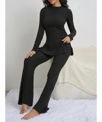 Kadın Uzun Kollu Yuvarlak Yaka Yandan Yırtmaç Detaylı şardonlu Kaşkorse Bluz Ve Pantolon Ikili Takım