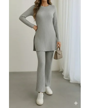 Kadın Uzun Kollu Yuvarlak Yaka Yandan Yırtmaç Detaylı şardonlu Kaşkorse Bluz Ve Pantolon Ikili Takım