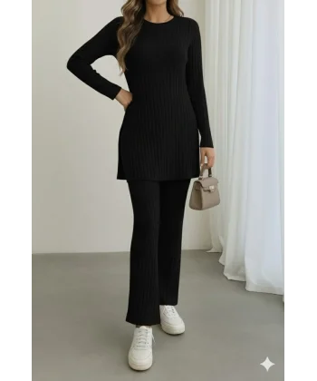 Kadın Uzun Kollu Yuvarlak Yaka Yandan Yırtmaç Detaylı şardonlu Kaşkorse Bluz Ve Pantolon Ikili Takım