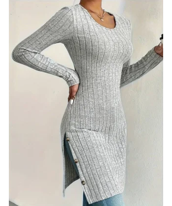 Kadın Uzun Kollu Yuvarlak Yaka Yandan Yırtmaçlı Düğmeli şardonlu Kaşkorse Bluz