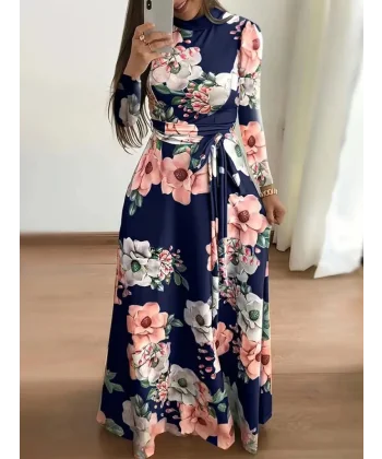 Kadın Uzun Kollu Yuvarlak Yakalı Beli Kuşaklı Desenli Süprem Uzun Elbise