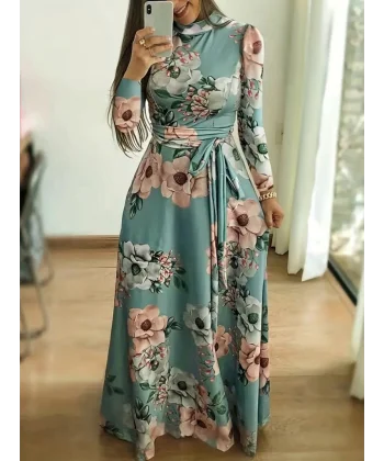 Kadın Uzun Kollu Yuvarlak Yakalı Beli Kuşaklı Desenli Süprem Uzun Elbise