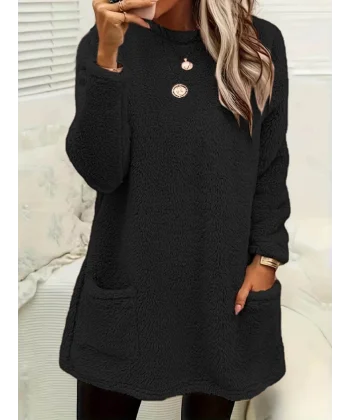 Kadın Uzun Kollu Yuvarlak Yakalı Cepli Peluş Bluz