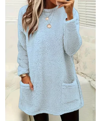 Kadın Uzun Kollu Yuvarlak Yakalı Cepli Peluş Bluz