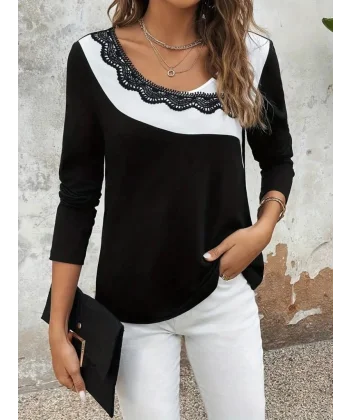 Kadın Uzun Kollu Yuvarlak Yakalı çift Renkli Dantel Detaylı Viskon Bluz