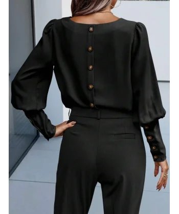 Kadın Uzun Kollu Yuvarlak Yakalı Düğmeli Ithal Krep Bluz