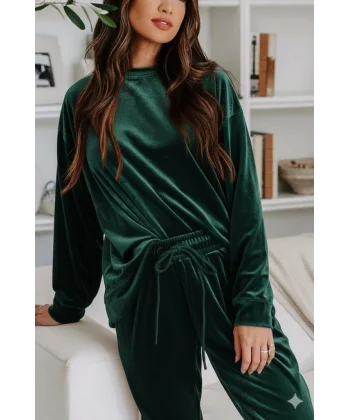 Kadın Uzun Kollu Yuvarlak Yakalı Kadife Bluz Ve Pantolon Takım