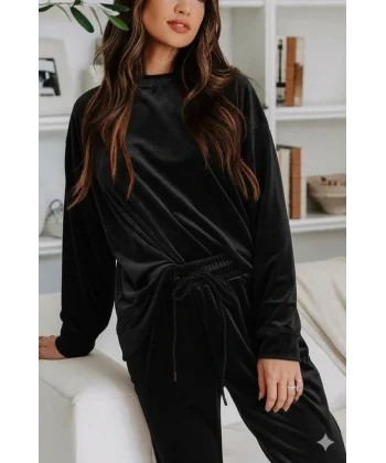 Kadın Uzun Kollu Yuvarlak Yakalı Kadife Bluz Ve Pantolon Takım