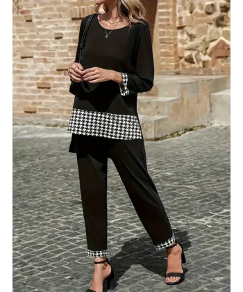 Kadın Uzun Kollu Yuvarlak Yakalı Kaz Ayağı Detaylı Viskon Iki Iplik Bluz Ve Pantolon Ikili Takım