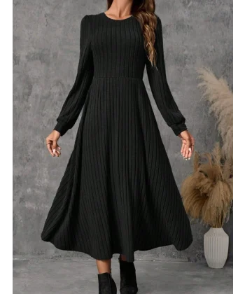 Kadın Uzun Kollu Yuvarlak Yakalı Kiloş Uzun şardonlu Kaşkorse Elbise