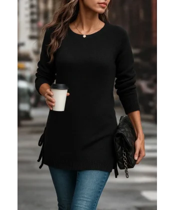 Kadın Uzun Kollu Yuvarlak Yakalı Yanlardan Bağcıklı Triko Bluz
