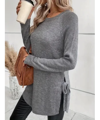 Kadın Uzun Kollu Yuvarlak Yakalı Yanlardan Bağcıklı Triko Bluz