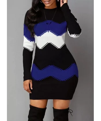 Kadın Uzun Kollu Zigzag Desen Triko Elbise