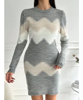 Kadın Uzun Kollu Zigzag Desen Triko Elbise