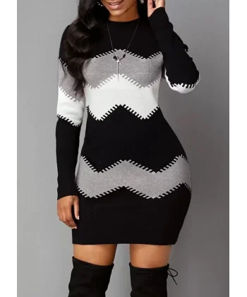 Kadın Uzun Kollu Zigzag Desen Triko Elbise
