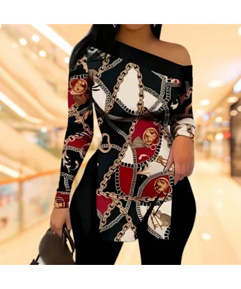 Kadın Uzun Kollu Zincir Desen Tek Omuz Düşük Mikro Bluz