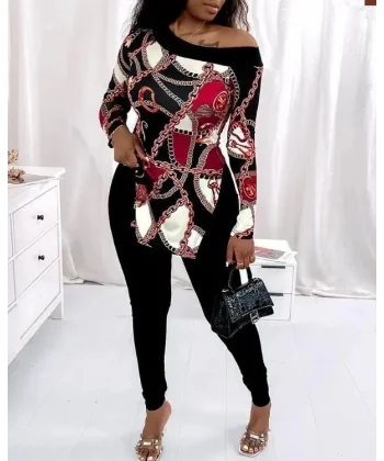 Kadın Uzun Kollu Zincir Desen Tek Omuz Düşük Mikro Bluz