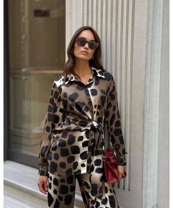 Kadın Uzun Kolluleopar Baskılı Saten Kumaş Ikili Takım