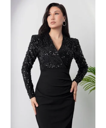 Kadın Uzun Kpllu Kruvaze Yaka Pul Pyaet Detay Midi Elbise