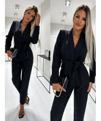 Kadın Uzun Kruvaze Yaka Kollu Beli Kuşaklı Ithal Krep Tulum