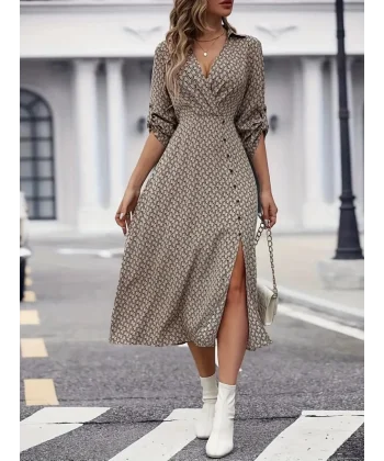 Kadın Uzun Kruvaze Yaka önden Düğmeli Yırtmaç Detay Midi Dalgıç Elbise