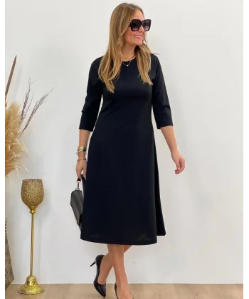 Kadın Uzun Truvakar Kol Bisiklet Yaka Midi Modal Elbise