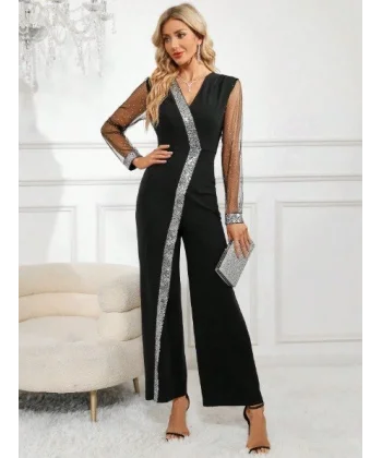 Kadın Uzun V Yakalı önden Pulpayet Detaylı Tüllü Uzun Ithal Krep Tulum