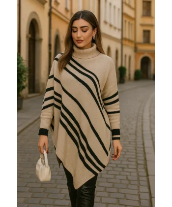 Kadın Uzun Yarasa Kollu Yüksek Boyunlu Asimetrik Kesim Triko Pelerin Kazak