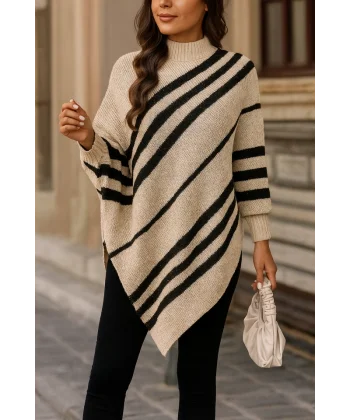 Kadın Uzun Yarasa Kollu Yüksek Boyunlu Asimetrik Kesim Triko Pelerin Kazak