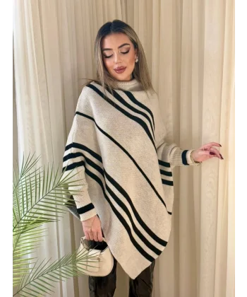 Kadın Uzun Yarasa Kollu Yüksek Boyunlu Asimetrik Kesim Triko Pelerin Kazak