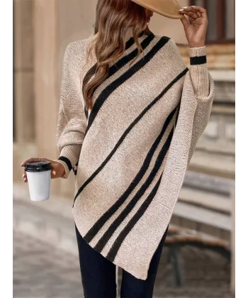 Kadın Uzun Yarasa Kollu Yüksek Boyunlu Asimetrik Kesim Triko Pelerin Kazak