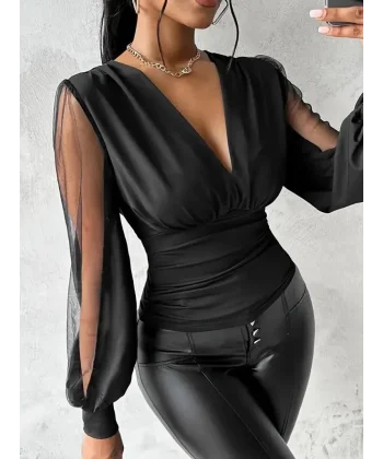 Kadın Uzun Yırtmaç Tül Detaylı Derin V Yakalı Sandy Bluz