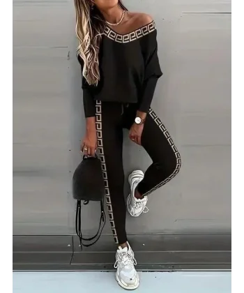 Kadın V Yaka anşet Detay Dijital Baskılı Bluz Ve Pantolon Takım