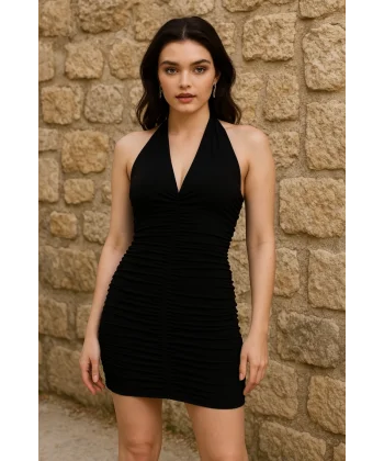 Kadın V Yaka Büzgü Detaylı Sandy Kumaş Fırsat Ürün Diz Üstü Elbise