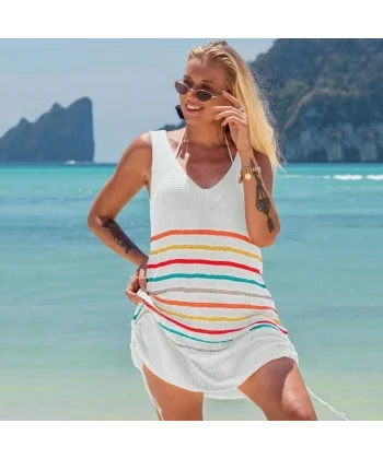 Kadın V Yaka çizgi Desenli Yanlar Asansör Büzgülü Triko Pareo