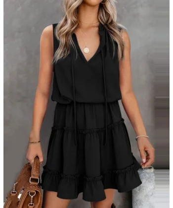 Kadın V Yaka Eteği Volanlı Ipek Ayrobin Kumaş Elbise