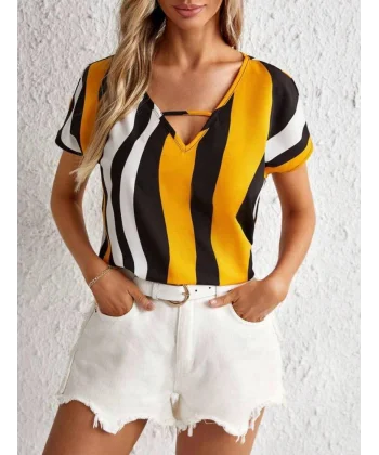 Kadın V Yaka Kısa Kol Mikro Bluz