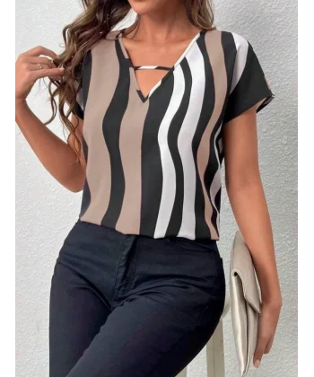 Kadın V Yaka Kısa Kol Mikro Bluz
