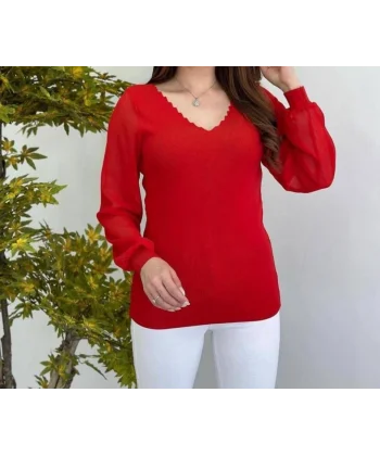 Kadın V Yaka Kolları Dökümlü Tül Detay Triko Bluz