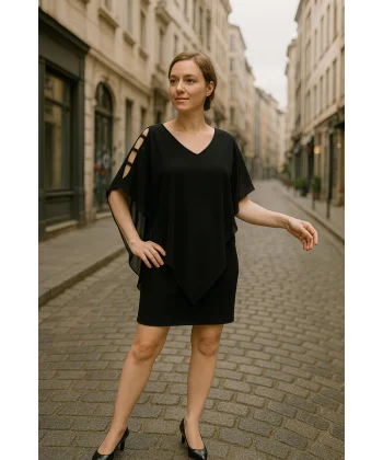 Kadın V Yaka Kolu Bağcık Detaylı Şifonlu Fırsat Ürün Diz Üstü Elbise